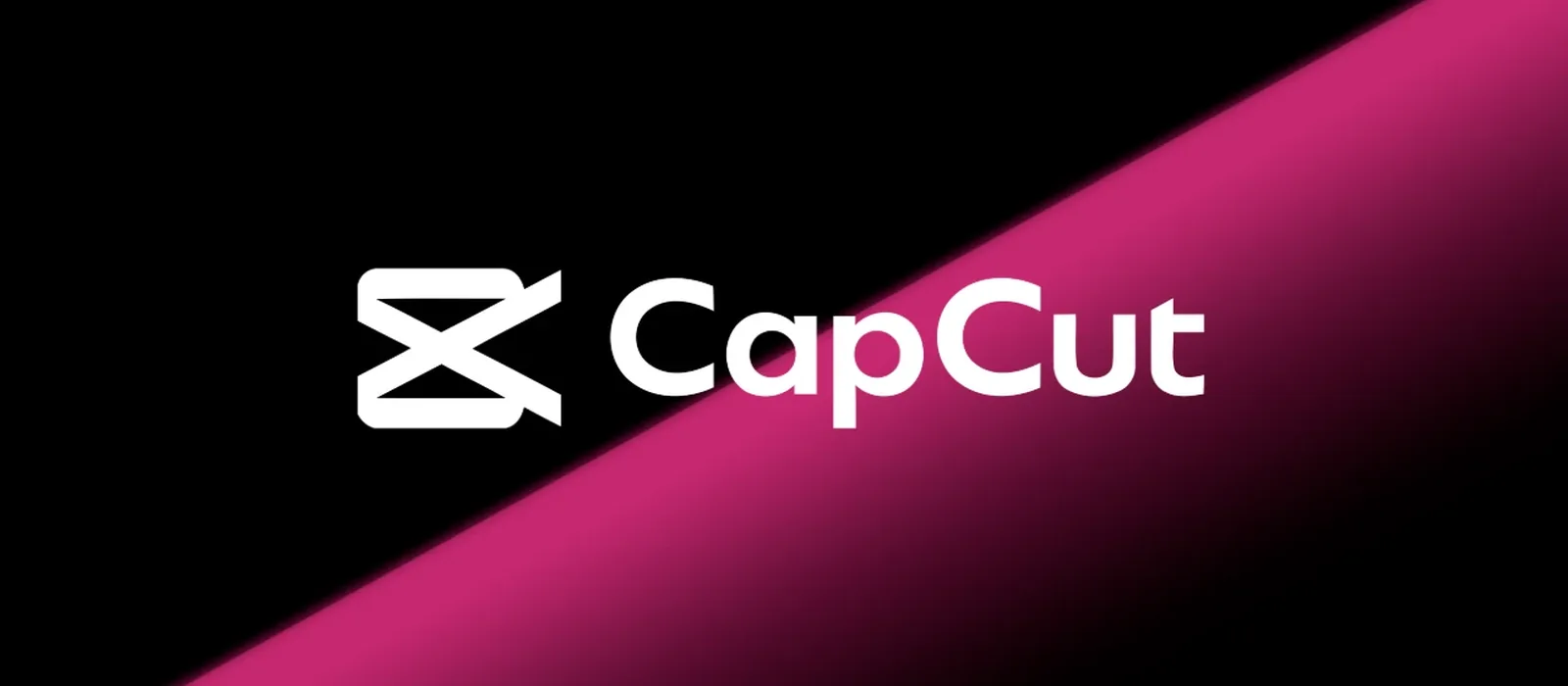 Das CapCut-Logo in Weiß auf schwarzem Grund mit magentafarbener Diagonale